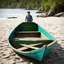 Placeholder: A man, beach, a green and blue boat, some pieces of wood, summer, creepy, odd