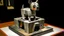 Placeholder: A light gray mechanical temple with a wolf painted by Paul Klee