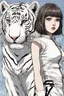 Placeholder: junji Ito ~ shintaro kago ~ apollonia saintclaire ~ saturno butto ~ anime woman posing. standing next to giant fierce white tiger. anime style alluring. cute, amazingly girly. Cute. anime girl. unrealistic feminine anatomy, very feminine pose. Gorgeous features . Hyper detailed. High definition. Anime style. HDR. 8k. This contrast between the fantastical character and the more bold color scheme and elements gives the piece an intriguing narrative quality. painted realism, photorealistic, fantasy