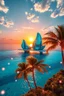 Placeholder: A professional music cover art for a Luxury Tropical House album cover, award-winning music artwork, crystal-clear turquoise ocean merging into an endless horizon beneath a radiant golden sunset. Massive floating glass structures shaped like musical frequencies rise above the water, reflecting vibrant tropical colors. Exotic palm trees illuminated by soft neon cyan and coral lights sway in the warm breeze. Glowing particles drift through the air like fragments of melody, creating a magical atmos