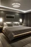 Placeholder: langgezogenes hotelzimmer mit nur einer Wand hinterm Bett in Altholz, der Rest der Wände in weiß, indirekte Beleutung hinter und unterm Bett, ein zentraler kristallüster und warme graue Farben für Bettdecke und sofa