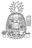 Placeholder: Pineapple Cozy Art Studio Coloring Page: A pineapple cross-section displaying an art studio. Features an easel, paint palettes, brushes, and artworks hung on the walls.