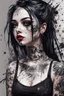 Placeholder: Petit girl goth many tattoos on his body, halfbody, lying pose, style texture paint splashes and streaks and blotches industrial