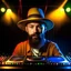 Placeholder: A short brown beard DJ with a hat on his head, sing at microphone, many electronic consoles at club, laser show, FRONT VIEW