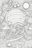 Placeholder: Stress Relief themed coloring page for adult, cartoon style, thick outline, No details, No shading, No colors, White Background, A cute celestial voyage through a galaxy of swirling stars and cosmic wonders.