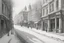 Placeholder: street in Vienna, snow, sunshine, very detailed black and white pencil drawing