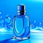 Placeholder: Generate me an aesthetic image of perfume bottle with plash of water in daylights in blue color