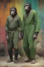 Placeholder: Roddy McDowall and Kim Hunter as Cornelius and Zira the husband-and-wife chimpanzees from Planet of the Apes wearing a thick green cotton tunics and trousers - extremely colorful, multicolored paint splattered wall in the background, oil painting by Leonardo da Vinci