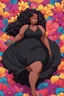 Placeholder: A sassy thick-lined comic style cartoon black female lounging lazily on her side, surrounded by colorful large flower petals. her curvy body silhouette a black maxi dress. Looking up coyly, she grins widely, showing teeth. Her poofy hair forms a mane framing her confident, regal expression.