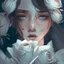 Placeholder: Pictures of a girl with a beautiful face holding white roses covering her face Like from a cartoon movie, digital art, anime, 4k, full details, high resolution