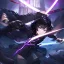 Placeholder: Clear focus,High resolution, Black short fluffy hair, and purple eyes, wearing a black outfit, must wear a short skirt, holding a glowing sword, fighting stance