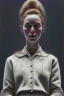 Placeholder: a painting of a young woman, by giacometti, textured, anatomically correct, beautiful perfect face, sharp focus, highly detailed. desolate background. the royal tenenbaums aesthetic