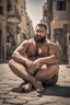 Placeholder: masculine muscular chubby burly mature arab man sunbathing, sitted on an empty street, 35 years old, ripped dirty tank top, bullneck, hands behind the neck, ripped dirty shorts, manly chest, very hairy, short beard, big shoulders, relaxed, photorealistic, well defined facial features, half figure photography, view angle from the ground