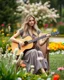 Placeholder: Full a length image Photography Realistic beauty photo lens soft blur Beautiful woman super model blond long hair, casual gown, as guitarist playing acoustic guitar style ,and combination natural plant flowers,she on sitting on big chair,in wonderful park garden flowers background