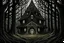 Placeholder: a lighted tall mansion with a triangular roof is surrounded by tall trees in a dark forest. The viewer of the image is facing the front of the house. Grotesque roots are seen throughout the image but are attached to the bottom of the house.