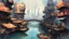 Placeholder: Water-level view of buildings made of reused dirty rusty metal next to futuristic canal junction, cyberpunk, many painted colours, flying boats, balconies, bridges, people, shopping, eating, walking, fifth element, ghost in the shell, altered carbon, Ian McQue, lineart and watercolour