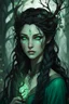 Placeholder: Young beautiful female Hexblood Warlock, long dark brown-black hair styled in elegant half-braids, glowing pale emerald-green eyes, delicate facial features. Thin twisted black thorn-like branches grow naturally from one side of her head, weaving seamlessly through her hair like an eerie crown, with tiny dark leaves and vine-like roots blending into her scalp. Faint dark vine markings trail along her neck and collarbone. Has a genie lamp. Dark fantasy, realistic, cinematic, highly detailed.