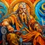 Placeholder: viking holger danske, transulent swirling beard and hair, his sword is golden, siting on his throne with wolfes on each side, alkohol ink, background swirley colorful with painted dragon on the wall, background colorful