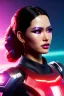 Placeholder: Ruby Cruz, Futuristic cyborg, portrait from waist up, vibrant hair color, vibrant eye color, intricate eyeliner, vibrant eyeshadow, clear completion, soft lighting, 4k resolution, intricate details, insanely detailed, colorful cityscape background, masterpiece, expert, cinematic smooth, retroanime style, realistic details, no helmet
