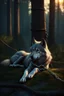 Placeholder: sad small scruffy wolf in chains laying down eyes closed, photorealistic, 4k, fantasy, sun setting with trees in the background