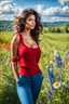 Placeholder: beautiful girl in nice red top and blue pants with curvy hair,perfect face,country side ,wild flowers,blue sky nice clouds,