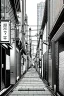 Placeholder: Tokyo alley, line arts, greyscale