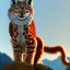 Placeholder: a lynx with golden fur disguised as a man standing on a mountain