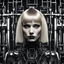 Placeholder: beautiful caucasian half cyborg woman, black metal body and limbs, chrome details, anorexic figure, blond bob haircut