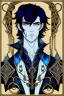 Placeholder: black haired blue eyed young man necromancer wizard with gothic jewelry in the style of erte