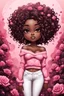 Placeholder: Create an abstract art style image of a chibi thick curvy african american female wearing tight white jeans and rose pink off the shoulder sweater.. Prominent make up with brown eyes. Highly detailed wild long curly black air flowing in her face. Background of rose pink and black flowers all aroun