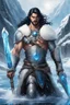 Placeholder: 1 mana warrior, with blue eyes and black hair man in silver Viking armor with fur around the neck with blue crystal on his chest , standing in water in the artic, holding a ice axe, warrior in anime style,