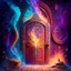 Placeholder: Half opened massive wooden door with lots of engraved magical symbols. Colorfull magical smoke coming out of the door opening. Harry Potter. Magical. Epic. Dramatic, highly detailed, digital painting, masterpiece