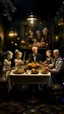 Placeholder: full shot of the astronauts family at a delirious celebration dinner in the Garden of Earthly Delights, small electric light bulbs on the table, birds on the table, grapes hanging, elegant and perfect composition, photo studio portrait, in the style of rembrandt