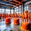 Placeholder: An orange colored factory with robots painted by Keith Haring