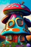 Placeholder: A (((mushroom house))), with vibrant colors, featuring a and a that exudes an era of youthful rebellion and iconic style