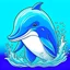 Placeholder: a cute illustration of a Dolphin, detailed, using three colors blue. ocean background.