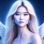 Placeholder: portrait of a beautiful mongolian woman with an angel face smiling,long blond hair, blue eyes, pink and blue dress, jewels, soft light aura