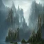 Placeholder: argonath statue, abandoned between moutain, swamp, water, glass, fog, highly realistic, highly detailed, intricate, 8k