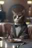 Placeholder: A cut cat in an elegant suit sits at a table in a five-star restaurant eating realistic photo cinematic