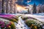 Placeholder: a field filled with lots of flowers next to a forest, footsteps in the snow, splashes of colors, path, very attractive and beautiful clouds, ( land ), pathway, color splashes, beautiful view, soft edges, stunning screensaver.