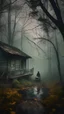 Placeholder: A swamp surrounded by bamboos long trees in cloudy, depressing, foggy, with a dim of light in the distance , there.is an abandoned cottage covered with leaves. A strange scary creature sitting on a rocking chair in front of the cottage