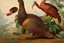 Placeholder: John James Audubon-like illustration of a fully uncropped Dodo bird and a Platypus in a chinoiserie landscape of warm yellows, warm reds, and warm blues