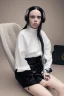 Placeholder: Billie Eilish, sitting on a chair, Black Short Dress, pale skin, high detail, realistic, 8k