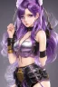 Placeholder: Detailed cute anime Kunoichi girl, purple hair buns, purple bangs, black latex bodysuit, intricate details, full body portrait, keep head in frame, slight smile, black Japanese motif, concept art, highly detailed, digital painting, concept art, sharp focus, illustration, art by Yoji Shinkawa, WLOP and greg rutkowski and alphonse mucha and artgerm and yanjun Chen and Junji ito and Makoto Shinkai, HDR, octane render