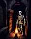 Placeholder: A frightening castle dungeon hallway with a skeleton warrior in rusty chainmail holding a burning torch painterly rpg art