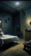 Placeholder: Woman spends a sleepless night inside a dark room in a delusional state haunted by ghostly images, paint it in the Bosch nightmares style, as if the woman is horrified