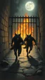 Placeholder: Bosch painting style , three black wolfs men destroyed the prison bars and open the gate and escaped run free