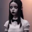 Placeholder: Jenna ortega black dress,soft goth libstick, wednesday addams family make up, brad double wig, addams family style, highly detailed, volumetric lighting, unreal engine, 8k