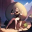 Placeholder: anime girl sits atop of a huge cactus, in the middle of the desert, grand canyon