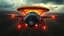 Placeholder: a high definition screen shot of a jet-fighter vw-beetle, retrofuturistic, phototrealism, in flight, one subject, thunderstormncc 1701 enterprise Macabre Rapture End of days Revelation scene,